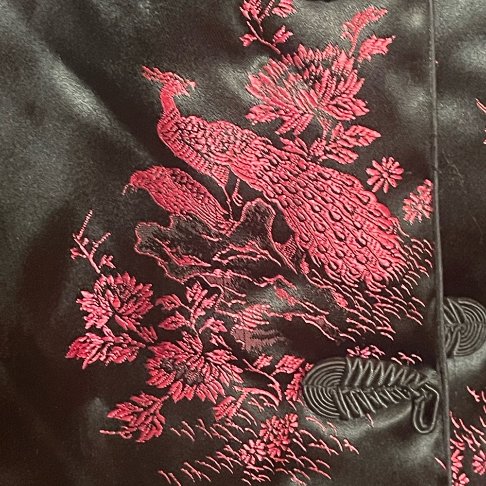 Elegant Black and Red Satin Peacock Floral Jacket